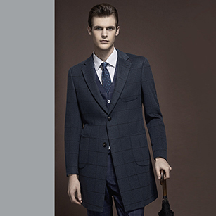 灰藍(lán)色窗格紋全羊毛休閑大衣