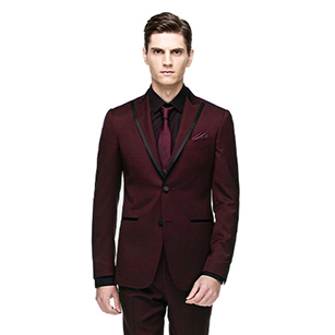 酒紅色領拼邊戧駁領禮服套裝